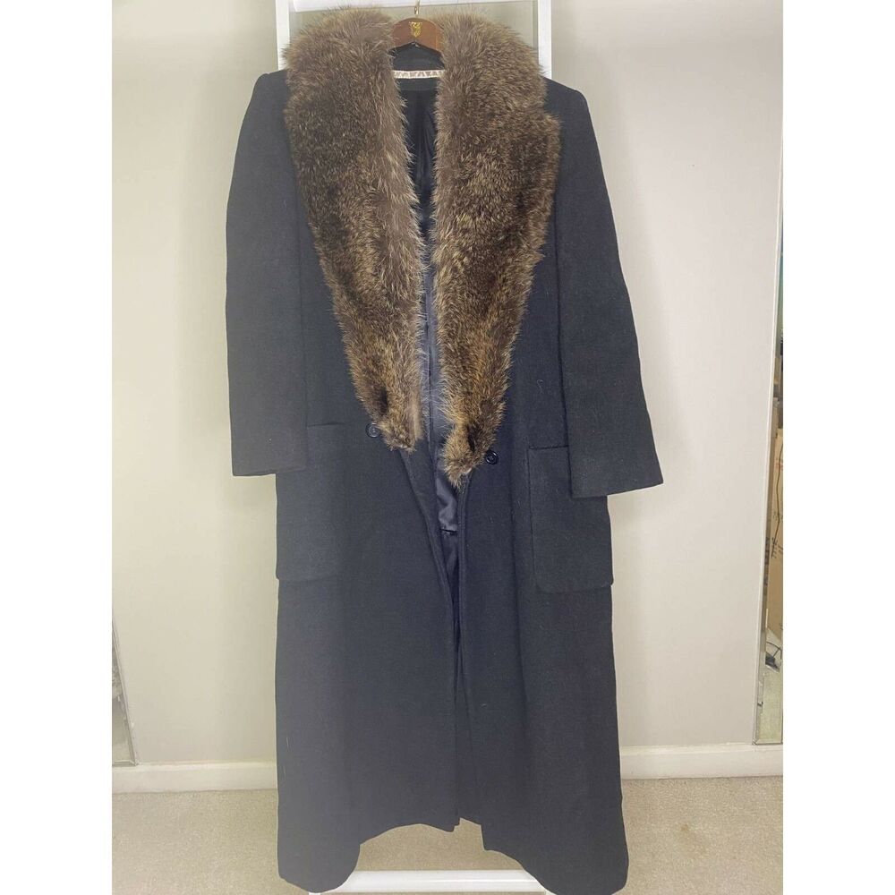 Perry Ellis Vintage Wool Coat 8 Charcoal Fur Trim